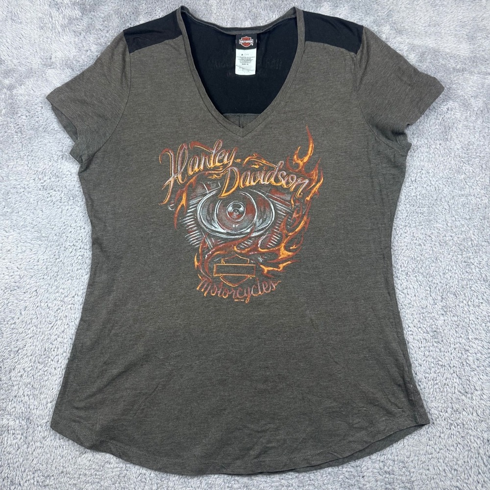Harley-Davidson Graphic T-Shirt Womens XL Gray V-Neck Laconia NH Flames 2017